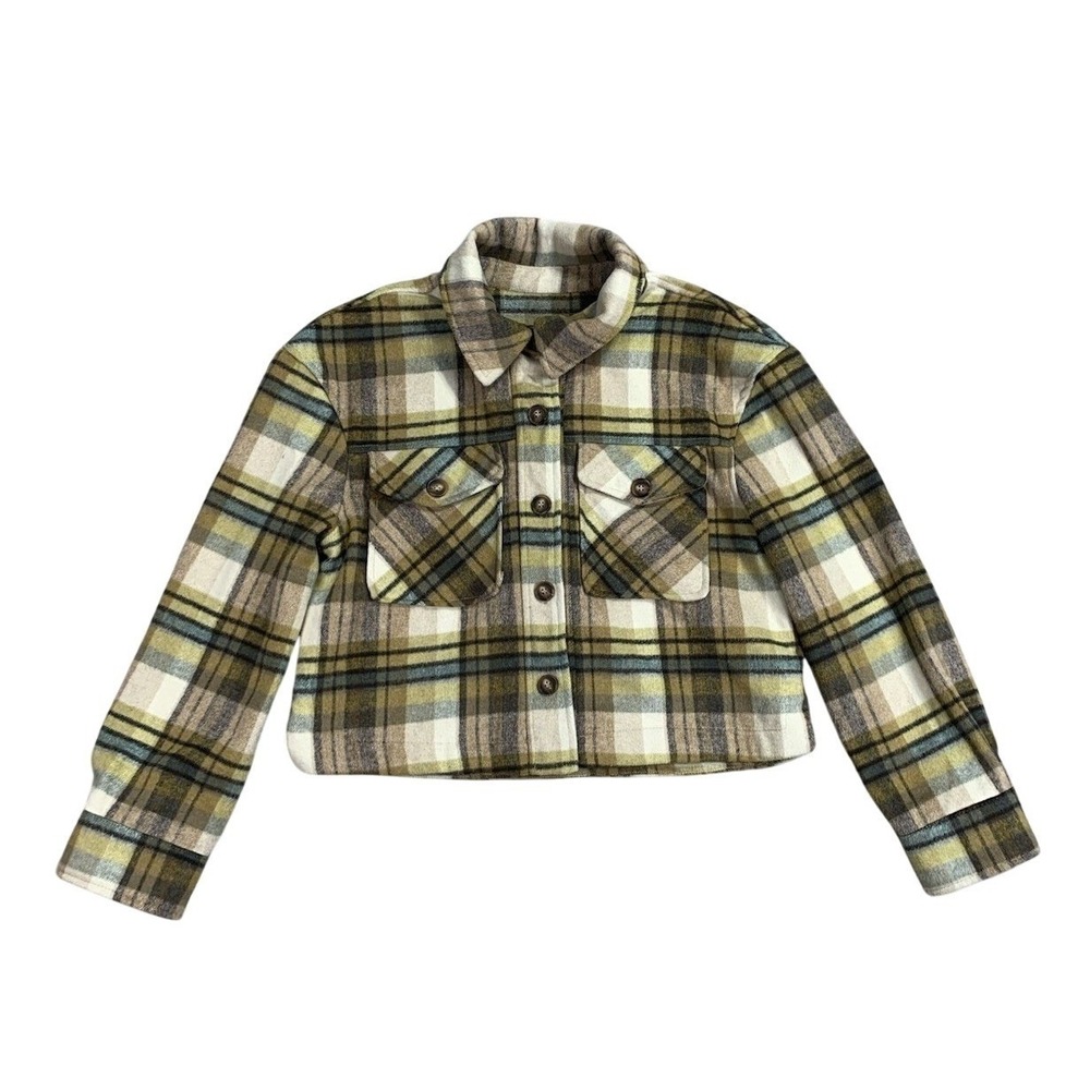 Bagatelle Plaid Cropped Shacket Womens M Button Front Jacket Olive Mustard - Picture 1 of 8